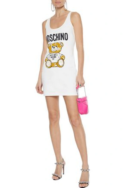 Shop Moschino Appliquéd Cotton-blend Jersey Mini Dress In Off-white