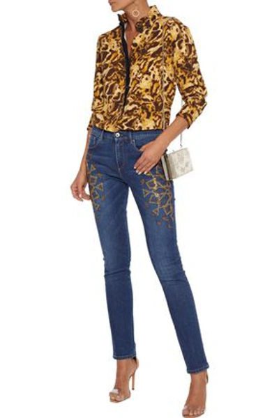 Shop Roberto Cavalli Crystal-embellished Mid-rise Skinny Jeans In Mid Denim
