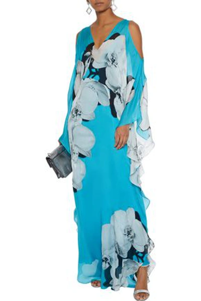 Shop Roberto Cavalli Bead-embellished Floral-print Silk-voile Maxi Dress In Light Blue