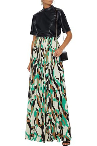 Shop Roberto Cavalli Pleated Printed Stretch-crepe Maxi Skirt In Ecru