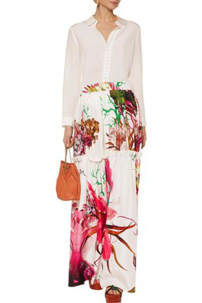 Shop Roberto Cavalli Gathered Floral-print Silk-satin Maxi Skirt In Off-white