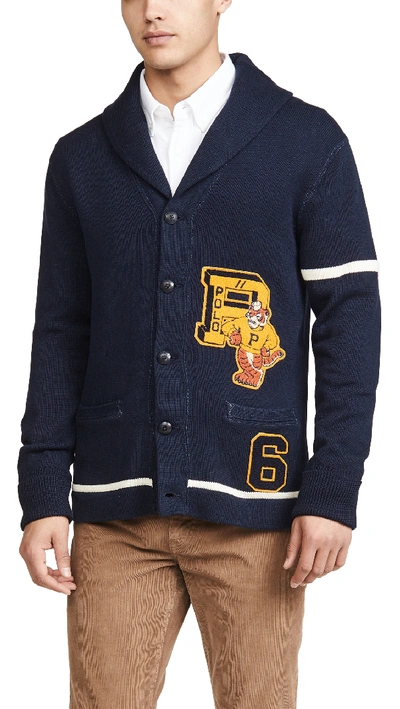 Shop Polo Ralph Lauren Shawl Collar Embroidered Logo Cardigan In Navy Multi