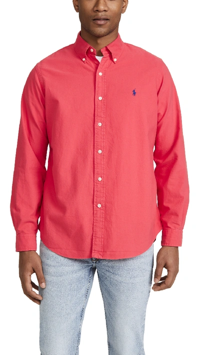 Shop Polo Ralph Lauren Long Sleeve Garment Dyed Oxford Shirt In Red