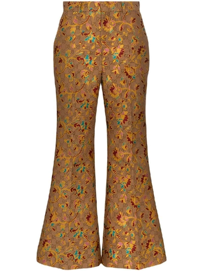 Shop Gucci Floral-jacquard Logo Flared Trousers In Brown