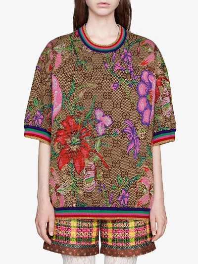 Shop Gucci Floral Print Monogram T-shirt In Brown
