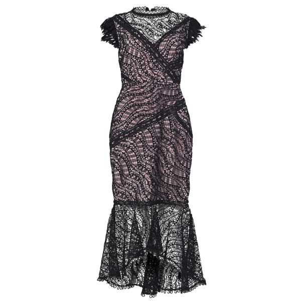 black lace high neck midi dress