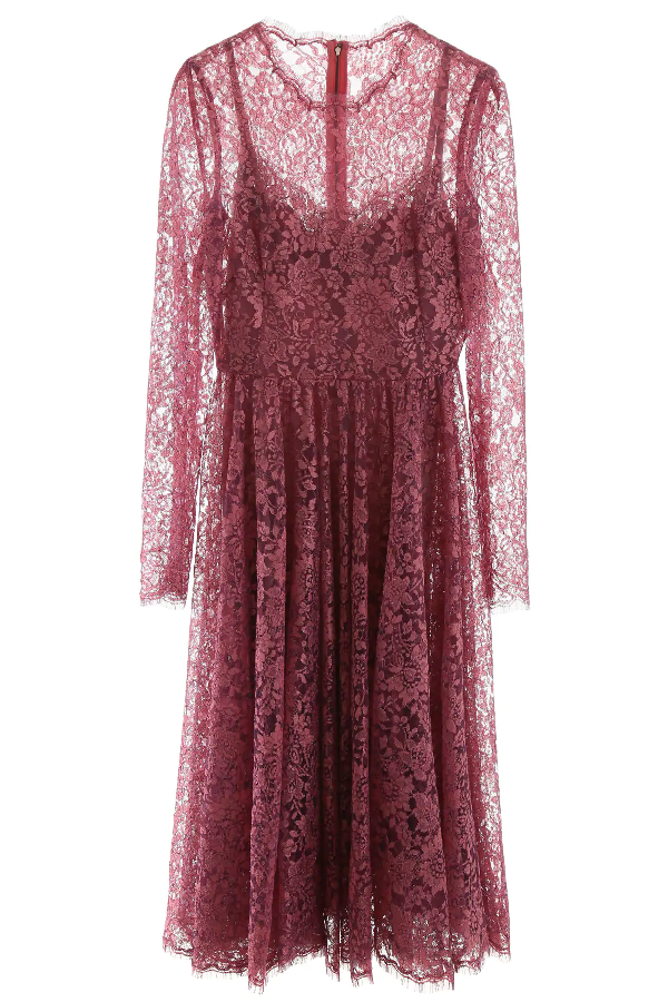 Dolce & Gabbana Lame Long Sleeve Chantilly Lace Dress In Pink | ModeSens