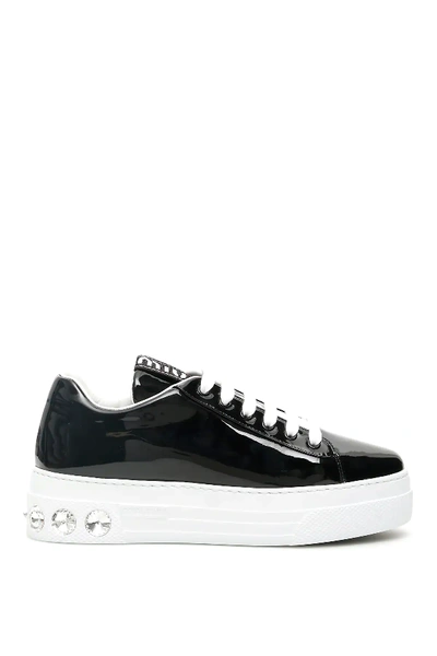 Shop Miu Miu Crystal Patent Sneakers In Black,white