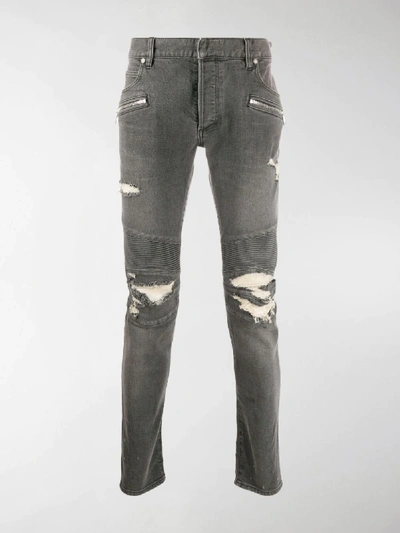 Shop Balmain Biker Ripped Skinny Jeans In Grey