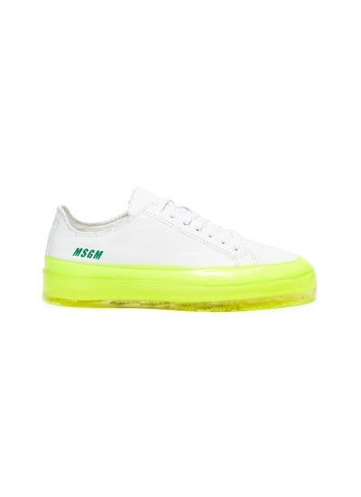 Shop Msgm 'floating' Neon Sole Leather Sneakers In White / Neon Yellow