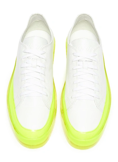 Shop Msgm 'floating' Neon Sole Leather Sneakers In White / Neon Yellow