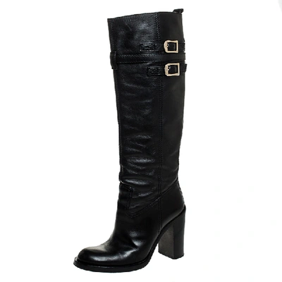 Pre-owned Gucci Black Leather Buckle Riding Knee Length Boots Size 38