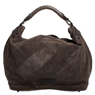 Pre-owned Burberry Brown Perforated Suede And Leather Hobo