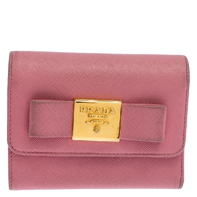 Pre-owned Prada Pink Saffiano Leather Bow Flap Trifold Wallet