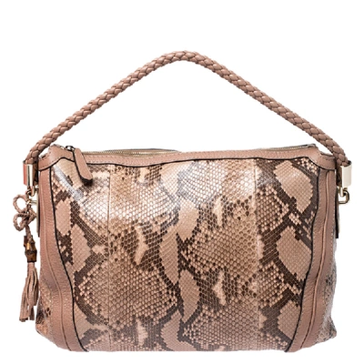 Pre-owned Gucci Dark Beige Python And Leather Bella Hobo