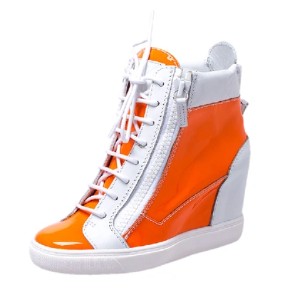 Pre-owned Giuseppe Zanotti Orange/white Patent Leather Hidden Wedge Sneakers Size 38.5