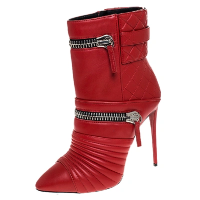 Pre-owned Giuseppe Zanotti Red Quilted Leather Double Zip Accent Booties Size 39