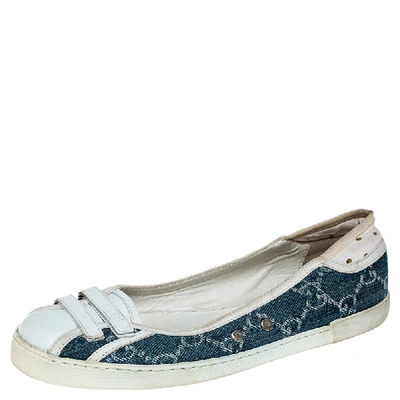 Pre-owned Gucci Blue Gg Monogram Denim And White Leather Ballet Flats Size 36.5
