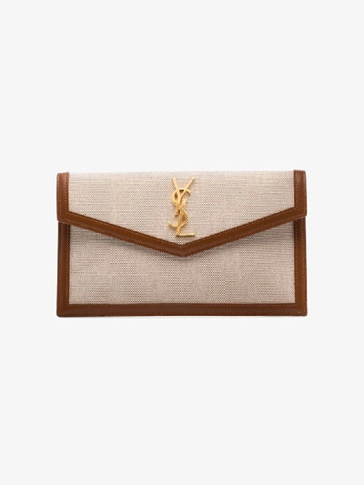 Shop Saint Laurent Beige Uptown Canvas And Leather Clutch Bag In Neutrals