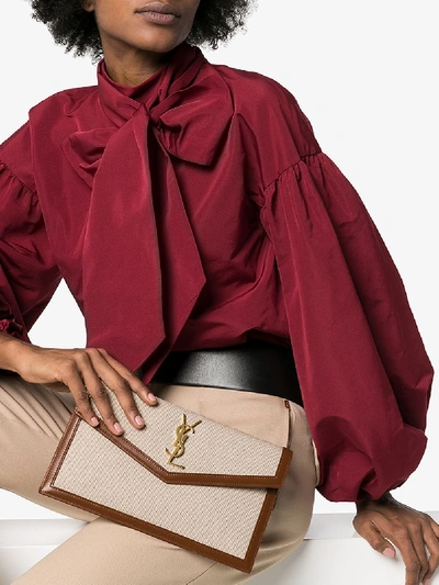 Saint Laurent Uptown Monogram Clutch In Neutrals