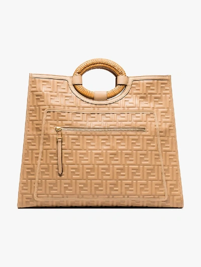 Shop Fendi Neutral Runaway Large Ff Embossed Leather Tote Bag In Neutrals