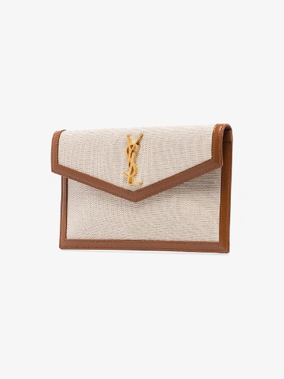 Shop Saint Laurent Beige Uptown Canvas And Leather Clutch Bag In Neutrals