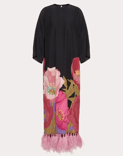 Shop Valentino Printed Crepe De Chine Dress With Feathers In Multicolored