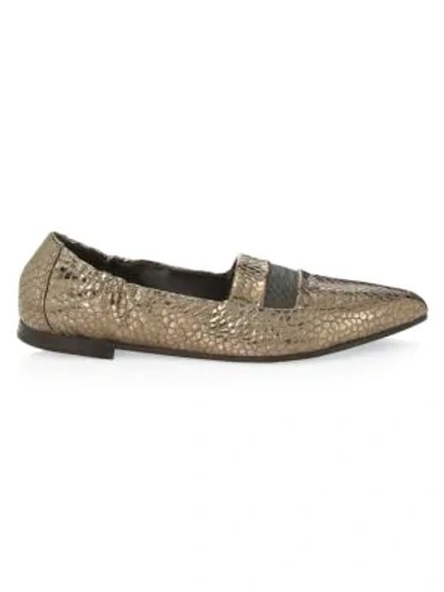 Shop Brunello Cucinelli Monili-trimmed Croc-embossed Metallic Leather Loafers In Silver