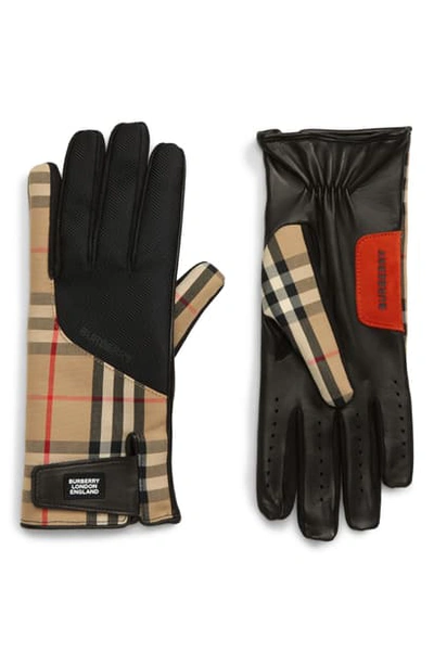 Shop Burberry Check Mixed Media Gloves In Archive Beige