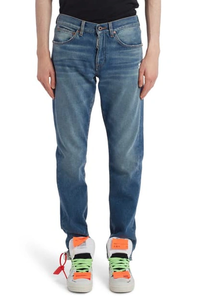 Shop Off-white Diag Slim Fit Jeans In Medium Blue Wash White