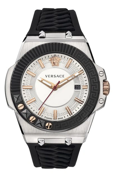 Shop Versace Chain Reaction Silicone Strap Watch, 45mm In Black/ Silver/ Gunmetal