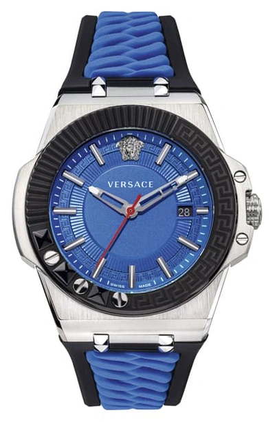 Shop Versace Chain Reaction Silicone Strap Watch, 45mm In Blue/ Black