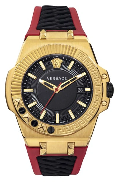 Shop Versace Chain Reaction Silicone Strap Watch, 45mm In Red/ Black/ Gold