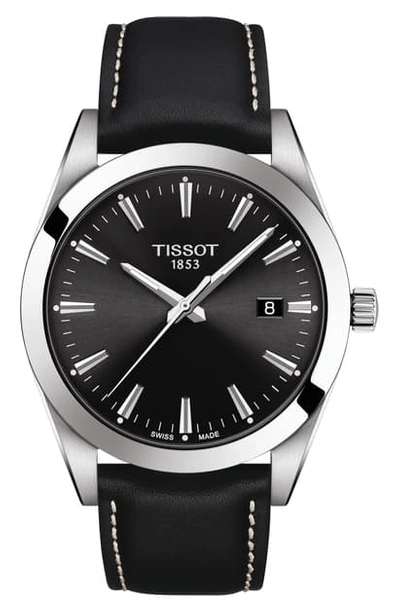 Shop Tissot T-classic Gentleman Leather Strap Watch, 40mm In Black/ Silver