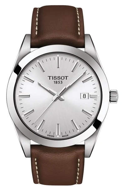 Shop Tissot T-classic Gentleman Leather Strap Watch, 40mm In Brown/ Silver