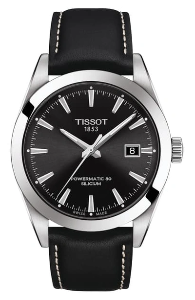 Shop Tissot T-classic Powermatic 80 Leather Strap Watch, 40mm In Black/ Silver