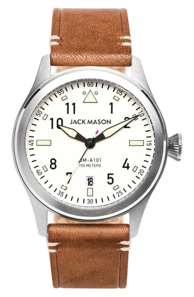 Shop Jack Mason Brand Aviation Leather Strap Watch, 42mm In Saddle/ White