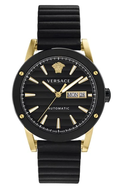 Shop Versace Theros Automatic Leather Strap Watch, 42mm In Black