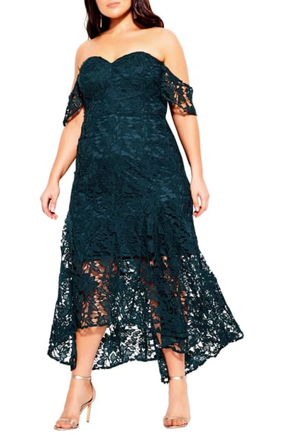 Shop City Chic Lace Off The Shoulder High/low Cocktail Dress In Jade