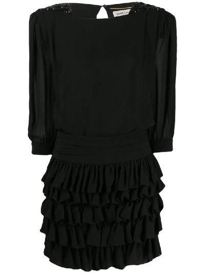 Shop Saint Laurent Sequinned Shoulder Ruffled Dress In Black