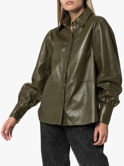 Shop Ganni Leather Shirt Jacket In Brown