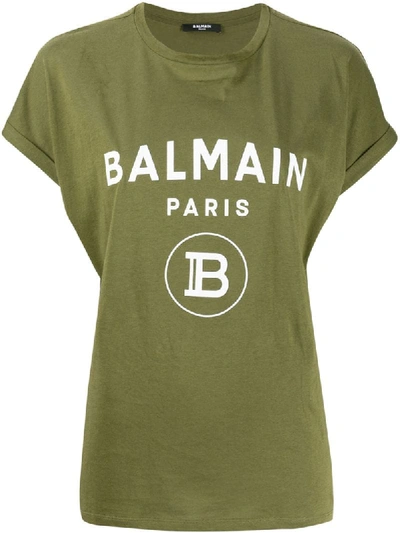 Shop Balmain Logo Print Oversized T-shirt In Green