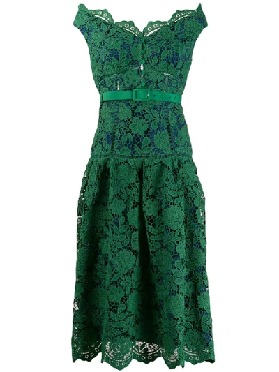 Shop Self-portrait Off-the-shoulder Lace Midi Dress In Green