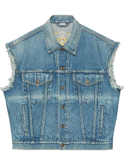 Shop Gucci Anchor Embroidery Denim Gilet In Blue