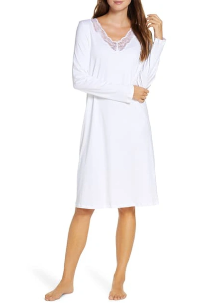 Shop Hanro Valencia Long Sleeve Lace Trim Nightgown In White