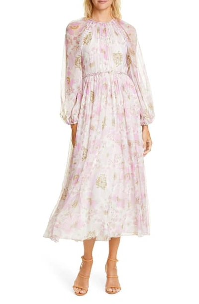 Shop Zimmermann Super Eight Floral Print Silk Long Sleeve Tea Length Dress In Pink Poppy