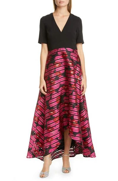 Shop Badgley Mischka Mixed Media High/low Gown In Red Fuchsia