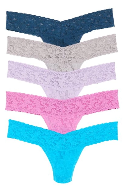 Shop Hanky Panky 5-pack Low Rise Lace Thongs In Nor/ Steel/ Berry/ Blue/ Lavdr