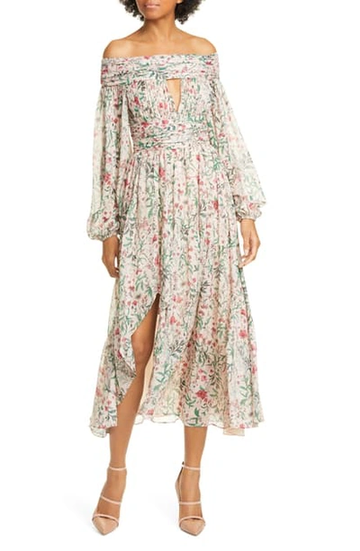 Shop Amur Daria Floral Off The Shoulder Long Sleeve Silk Midi Dress In Blush Multi Wildflowers
