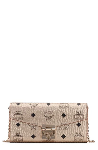 Shop Mcm Large Patricia Visetos Canvas Wallet On A Chain In Berlin Gold